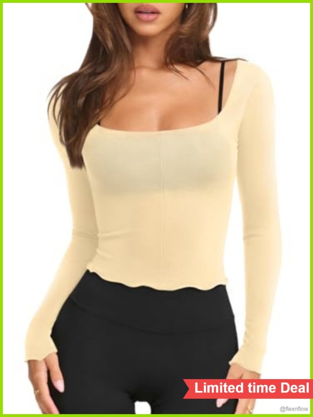 Women's Semi Sheer Long Sleeve Square Neck Workout Top Lettuce Trim